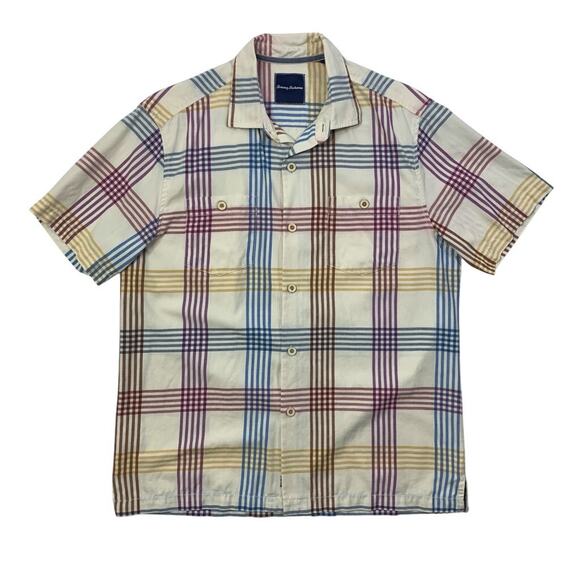 Tommy Bahama Shirt Mens M Medium Cream Multi Plaid Silk Blend Button Up Pockets - Picture 1 of 14